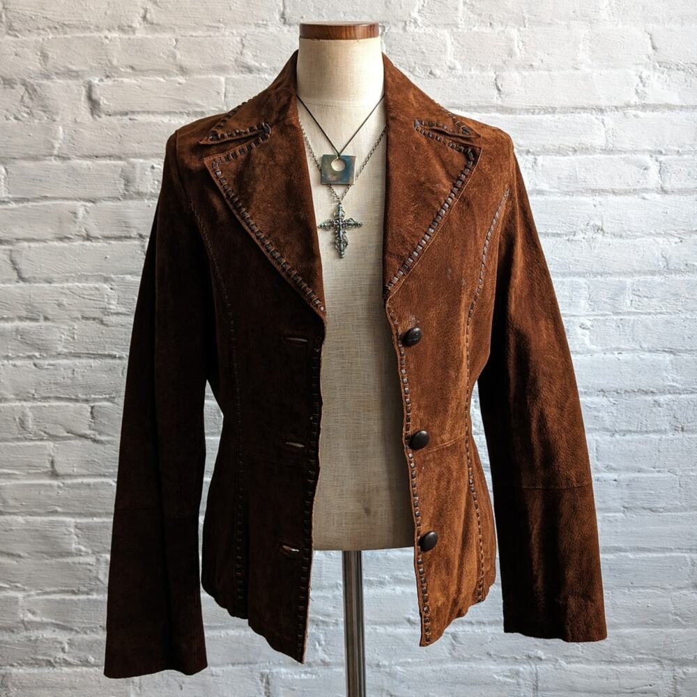 Y2K Brown Suede Leather Jacket Boho Western Minimalist Rust Biker Cowgirl Blazer - Picture 4 of 10